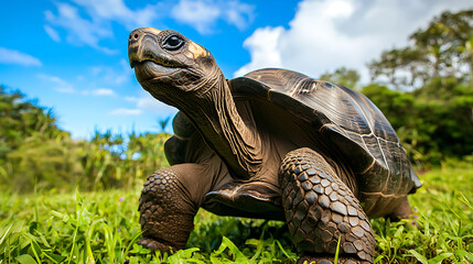 A large tortoise is standing in a grassy field