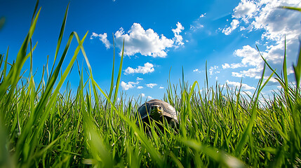 A small turtle is sitting in the grass