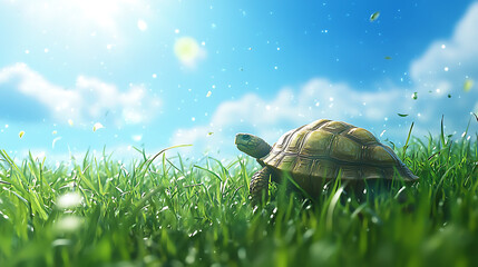 A turtle is walking on a grassy field