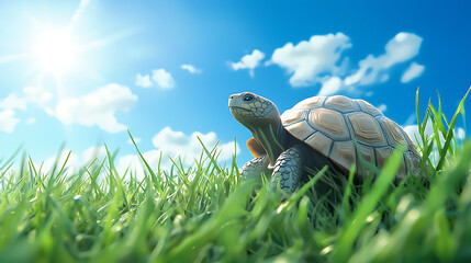 A turtle is standing in a field of grass