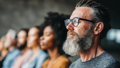 A thoughtful man with a beard sits in a diverse audience, contemplating the presentation with a serene and focused expression.
