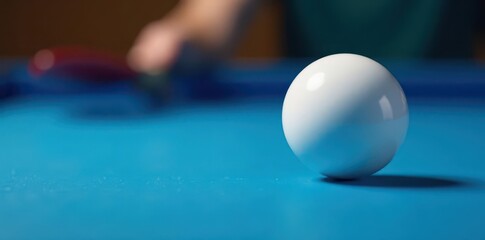 Close-up, white lined blue table, suspended ping pong ball, backdrop, vibrant