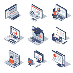 Isometric illustrations of various digital learning and work scenarios