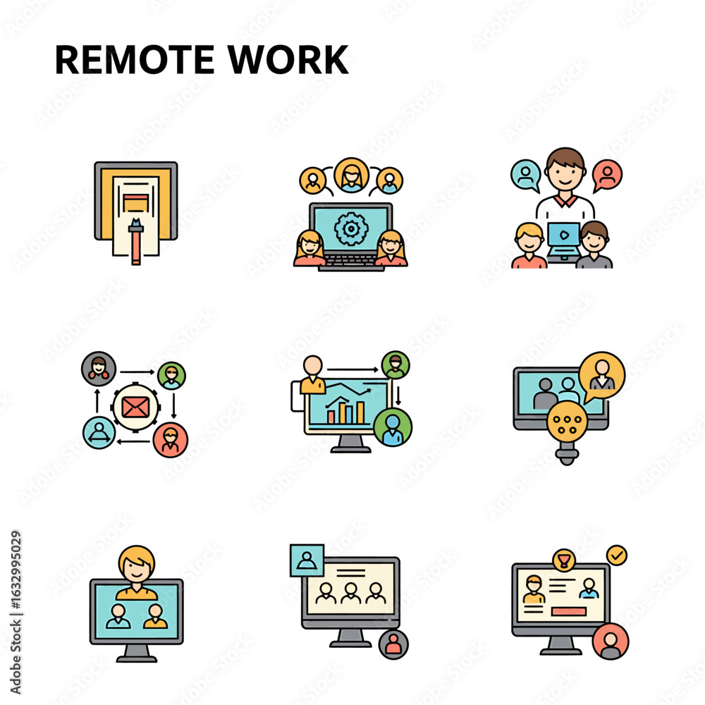Poster nine icons representing remote work concepts on a white background