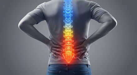 Back pain illustration with highlighted spine, indicating potential spinal issues, emphasizing the importance of medical evaluation and treatment for conditions like sciatica