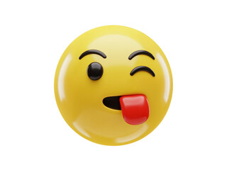 Fototapeta premium Playful yellow emoji face with one eye winking and tongue sticking out in a silly expression isolated on transparent background
