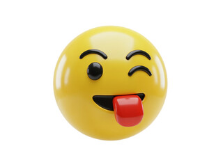 Fototapeta premium Playful yellow emoji face with one eye winking and tongue sticking out isolated on transparent background