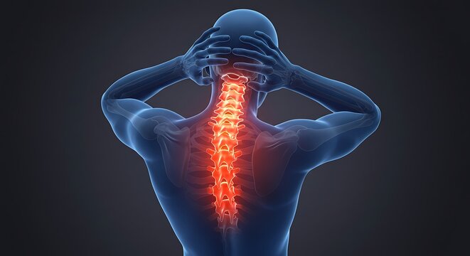 Anatomical illustration of the human spine highlighting neck pain and inflammation, showcasing the skeletal structure and potential injuries or conditions