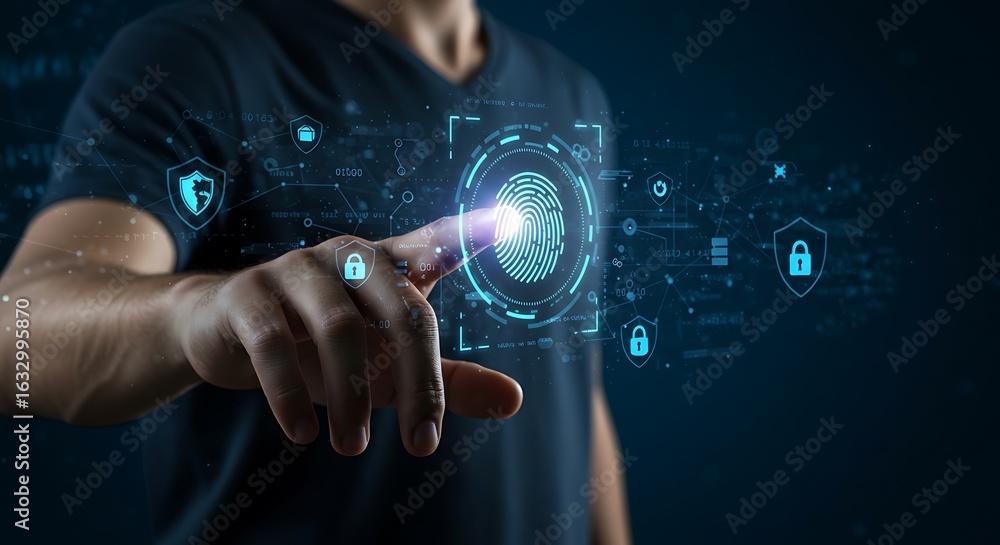 Poster man touching digital fingerprint biometric security system for access and identification, innovative