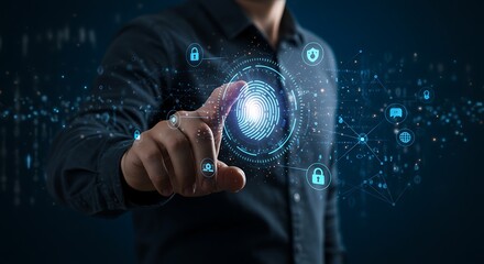 Man touching digital fingerprint biometric security system for access and identification, innovative technology and cybersecurity concept for data protection