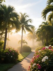 Fototapeta premium A peaceful morning begins with sunlight slipping through the palm trees and flowers gently waking along the path