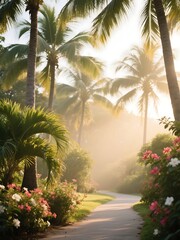 Fototapeta premium A peaceful morning begins with sunlight slipping through the palm trees and flowers gently waking along the path
