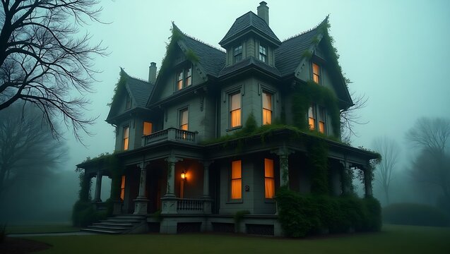 A large victorian house with lights on in the windows on a foggy day with trees in the background