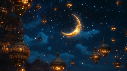 Peaceful Islamic Night with Crescent Moon