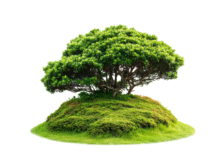Lush green bonsai tree on mossy hill isolated on black background, Isolated On White, Transparent Background, Png Cut Out