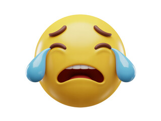 A distressed yellow emoji face with tears streaming down its cheeks and an open mouth expressing sadness and despair isolated on transparent background