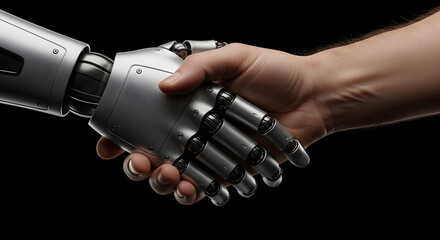 Naklejka premium Handshake on a pitch-black background, highlighting the skin and metal textures.