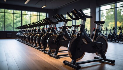 Fototapeta premium Spin Bikes in Modern Studio: A row of spin bikes stands ready, evoking a sense of energy and focus. The modern studio is flooded with natural light.