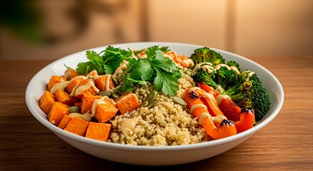 A balanced bowl featuring quinoa sweet potatoes broccoli peppers and cilantro on a wooden table top