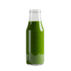Refreshing green smoothie in a clear glass bottle showcasing healthy ingredients.
