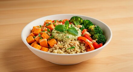 A white bowl containing a colorful and healthy meal with sweet potato and broccoli on a wooden table