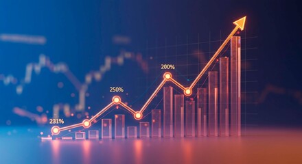 An upward trending bar graph with an arrow showing growth in a blue and orange illuminated setting
