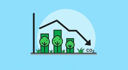 A graphic showing a decreasing line over tree bar graphs representing co2 reduction on a blue background