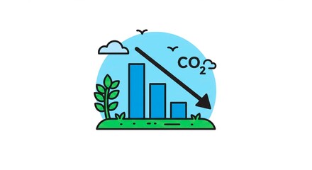 Illustration of carbon dioxide reduction with downward arrow and graph with plant and cloud design