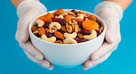 Hands in gloves holding a white bowl filled with mixed nuts and dried fruits on a blue background