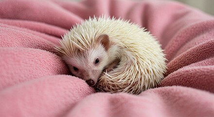 A curled up albino hedgehog resting peacefully on a soft pink blanket in a cozy and comfortable setting