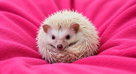Albino hedgehog curled up on a bright pink blanket with its face visible and looking at the camera