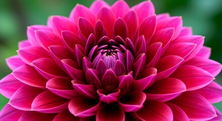 A close up shot of a vibrant pink dahlia flower with layered petals and a blurred green background seen