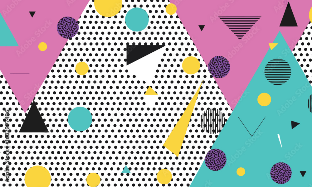 Poster vibrant geometric shapes and polka dot pattern in retro style abstract background