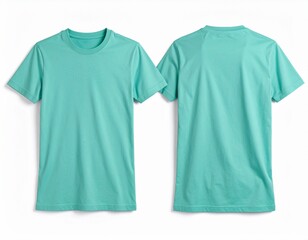 Two turquoise t-shirts, one showing the front and the other the back, on a white background.