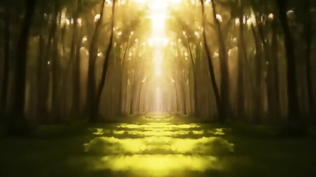 pixel background golden sunlight streaming through mystical forest path