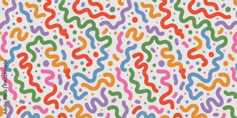 Poster VectorFormat: Title: Playful wavy lines and dots pattern with vibrant colors abstract background