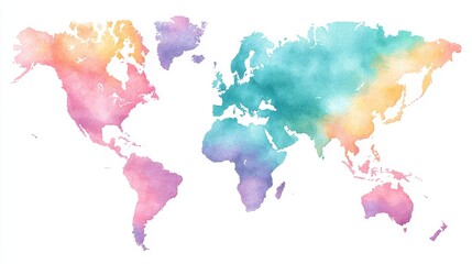 Obraz premium A vibrant watercolor depiction showcases the world map, highlighting continents with colorful hues and artistic brushstrokes against a white backdrop.