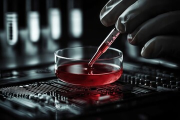 Bright red liquid in a petri dish highlights the collaboration of biology and technology.