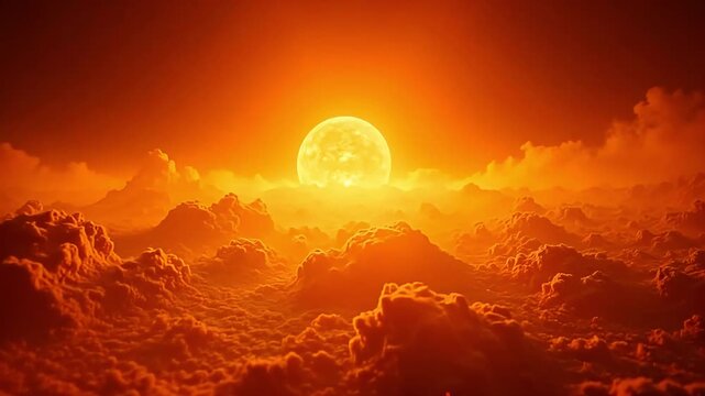 Vibrant sunset glow illuminates dramatic clouds, creating a breathtaking celestial panorama.