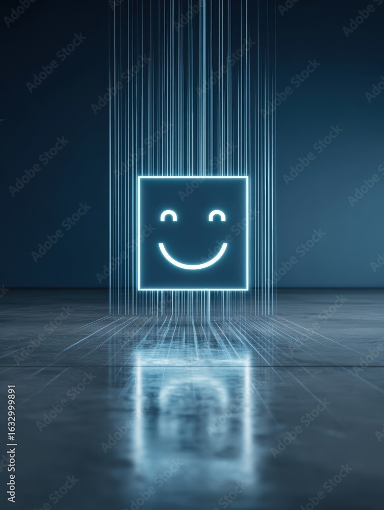 Poster illuminated smiley face floating in a dark high-tech environment with glowing lines