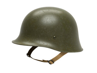 Fototapeta premium A vintage olive green military steel helmet with a leather chin strap isolated on transparent background