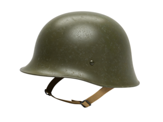 A vintage olive green military steel helmet with a leather chin strap isolated on transparent background
