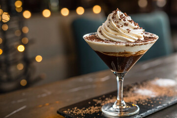 Decadent espresso martini topped with whipped cream and cocoa, served in a martini glass