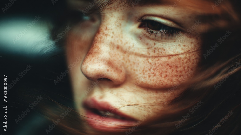 Poster freckled face in motion blur with minimalistic soft colors against a blank top third background, cap