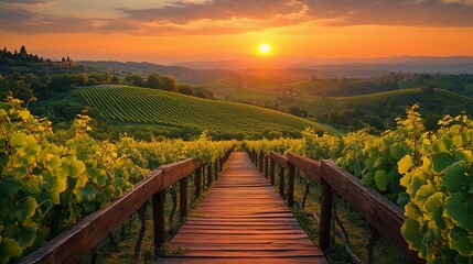 Naklejka premium Wooden Walkway Vineyards Overlooking Rolling Hills Green Grapevines Warm Afternoon Light