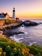 Fototapeta premium Cape Elizabeth, Maine, USA at Portland Head Light at dawn.