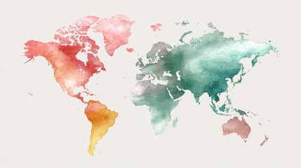 A watercolor world map depicts continents in vibrant hues, showcasing global geography and artistic representation on a light background.