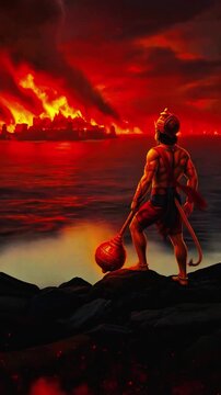 God Hanuman standing on cliff overlooking burning city, fiery ocean and sky. Hindu, Ramayana epic, strength, devotion, mythology, destruction. Burning Lanka of Ravana. Indian Hanuman holding gada mace
