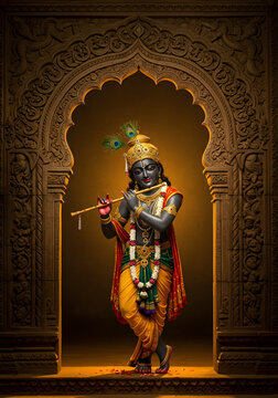 Lord Krishna with Flute, Peacock Feathers, and Ornate Archway, Hindu Deity Illustration.