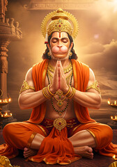 Fototapeta premium Indian God Hanuman Meditating, Religious Illustration, Hindu Deity, Prayer, Devotion, Spirituality.